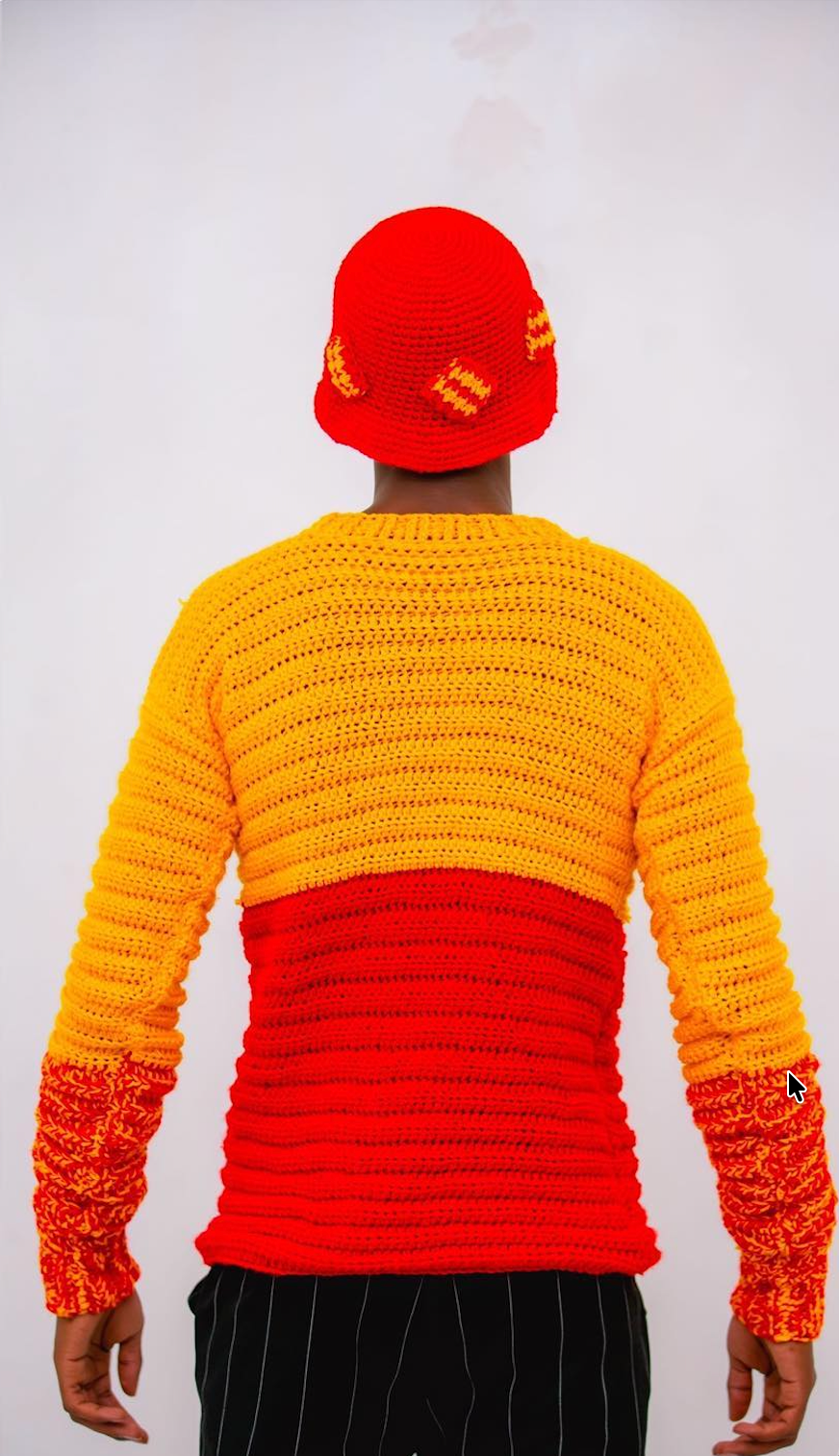 Handcrafted Sunset Ombre Knit Sweater & Bucket Hat Set - Yellow Orange Red