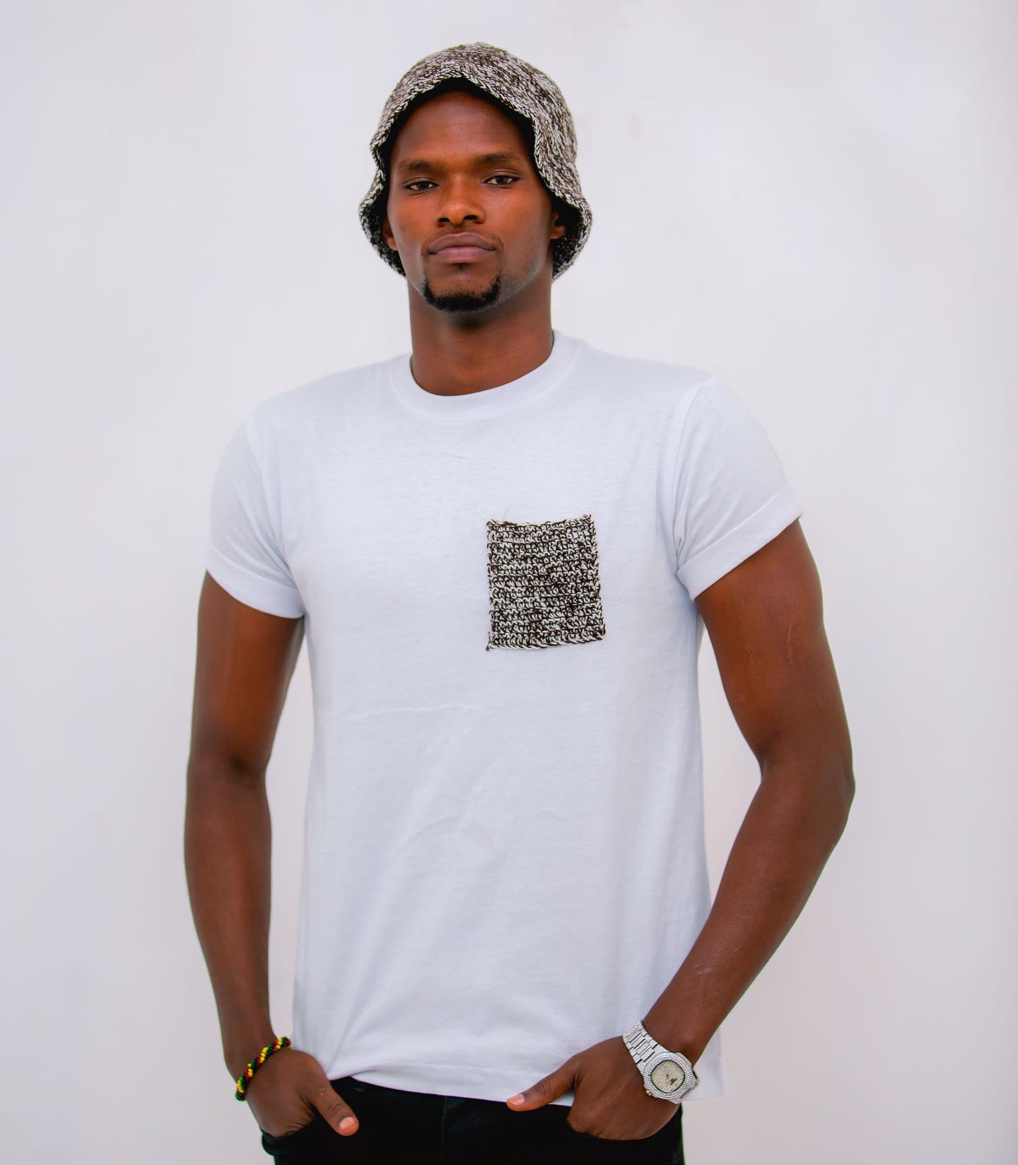 Handmade Knit Pocket T-Shirt & Bucket Hat Set - Monochrome