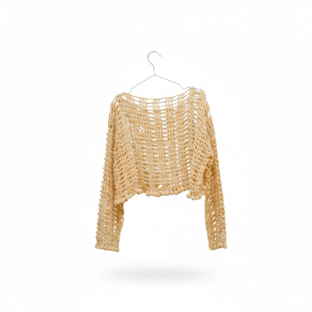 Handcrafted Beige Open-Weave Crochet Crop Top - Boho Chic