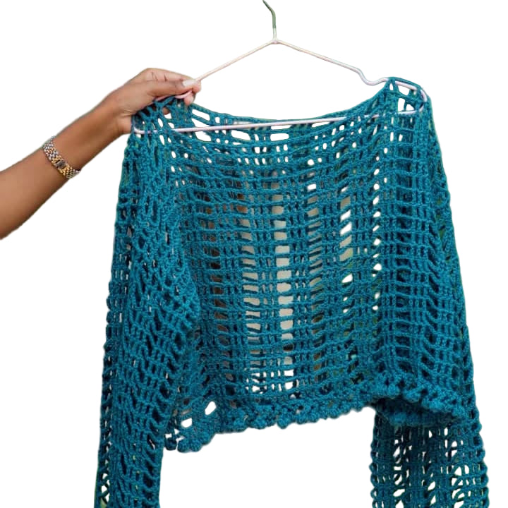 Handcrafted Teal Open-Weave Crochet Crop Top - Ocean Blue