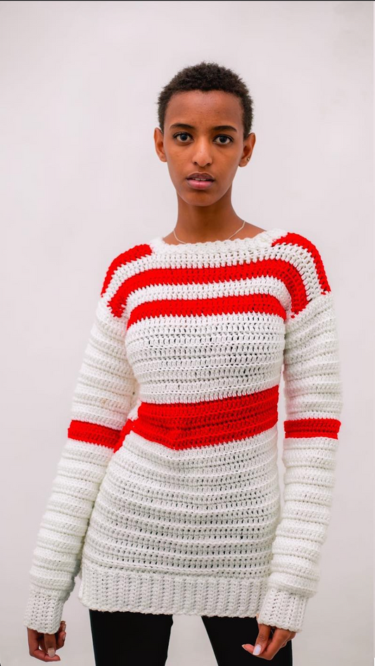Handcrafted Red & White Striped Knit Sweater - Nautical Style