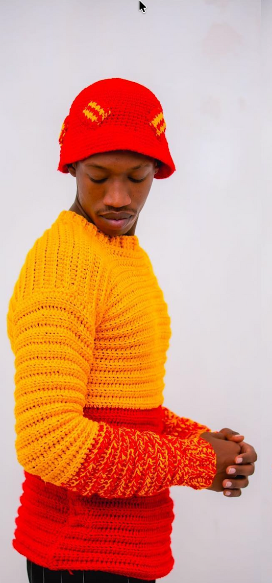 Handcrafted Sunset Ombre Knit Sweater & Bucket Hat Set - Yellow Orange Red