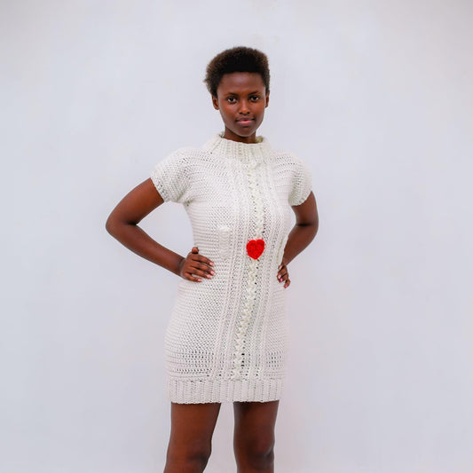 Handcrafted White Knit Mini Dress with Red Heart Detail