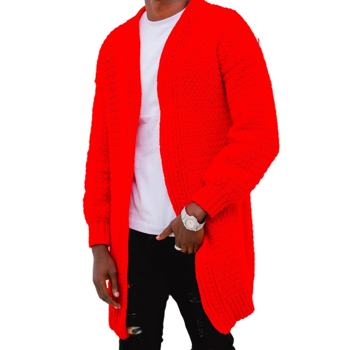 Bold Red Handcrafted Long Knit Cardigan